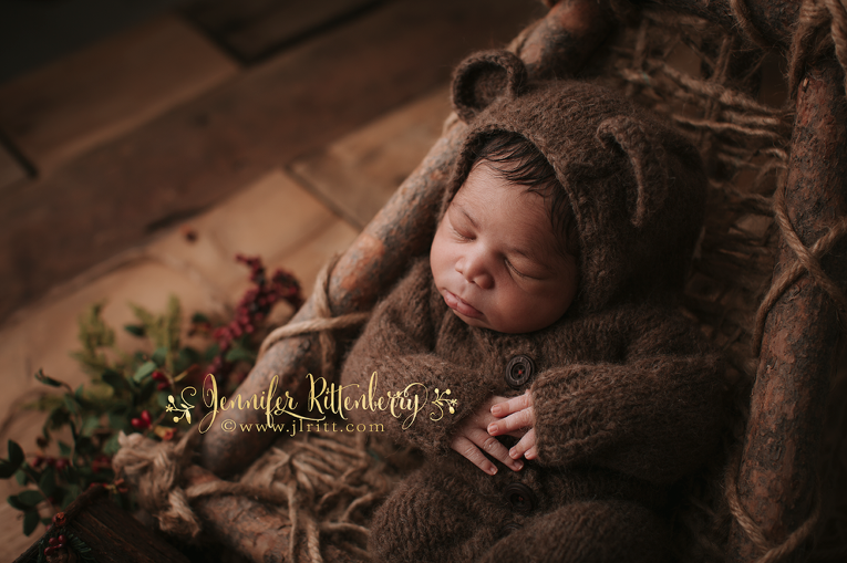 teddy bear romper, newborn photography, newborn boy, posing ideas, posing pod, posing lounging pod, Woodsy Wonders Props, Rustic, Earthy, holiday, studio newborn photography, posed newborn photography