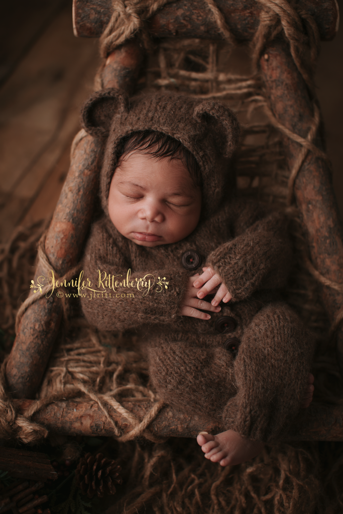 teddy bear romper, newborn photography, newborn boy, posing ideas, posing pod, posing lounging pod, Woodsy Wonders Props, Rustic, Earthy, holiday, studio newborn photography, posed newborn photography