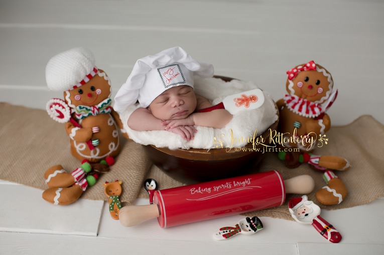 christmas setup, gingerbread, baking setup, newborn photography, newborn boy, posing ideas, trencher, Rustic, Earthy, holiday, studio newborn photography, posed newborn photography