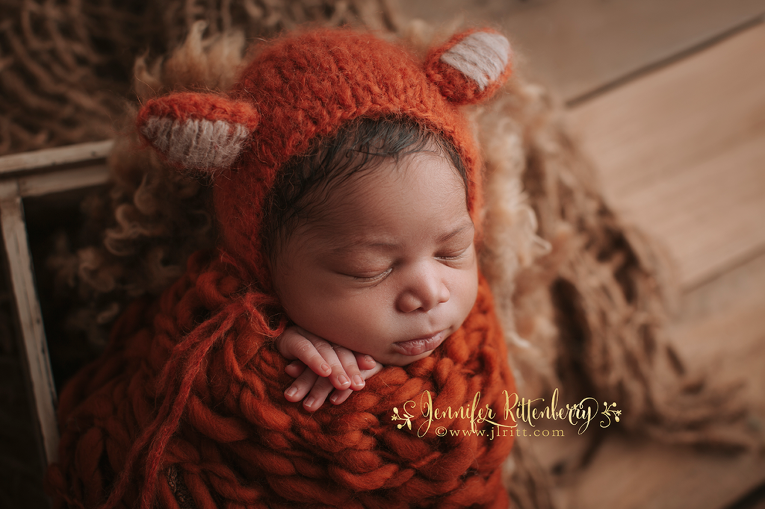 fox bonnet, newborn photography, newborn boy, posing ideas, posing pod, posing lounging pod, Woodsy Wonders Props, Rustic, Earthy, holiday, studio newborn photography, posed newborn photography