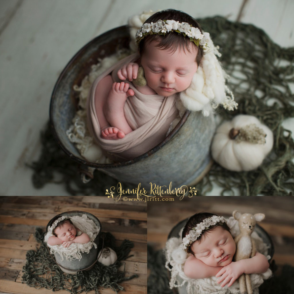 newborn photography, prop shot, bucket shot, bucket pose, fall styling