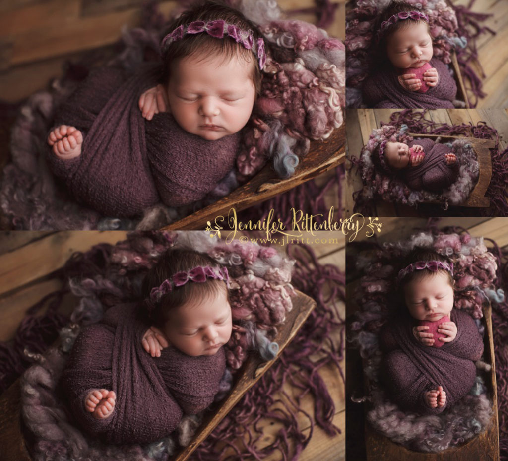 newborn photography, purple setup, wrapped pose, baby girl