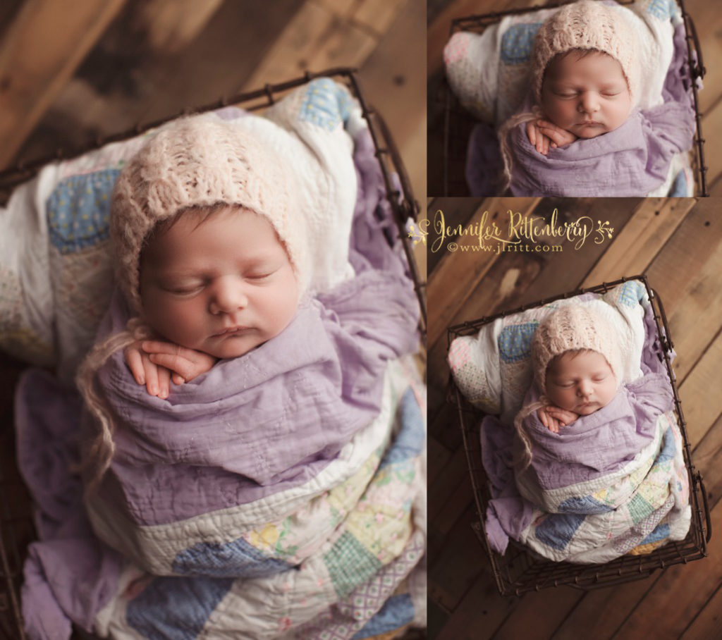 newborn photography, baby girl, vintage quilt, baby in a basket