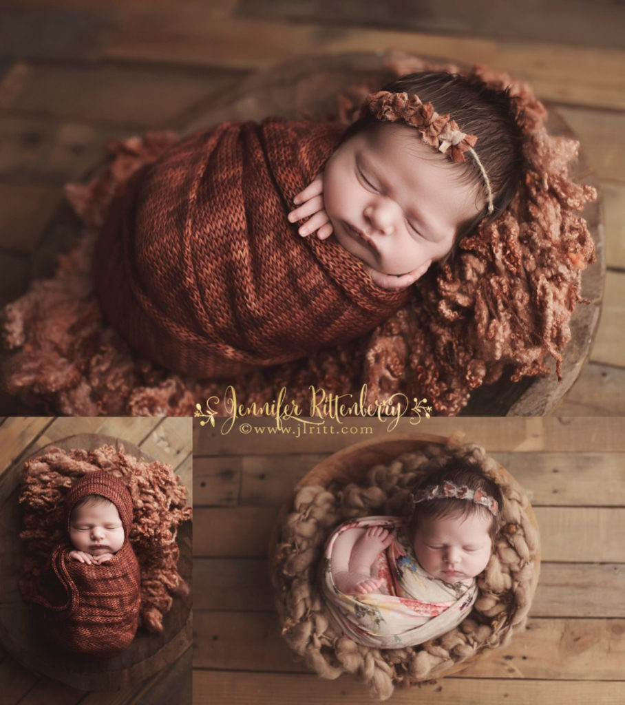 fall newborn setup, newborn photography, baby girl, wrapped pose, rustic styling