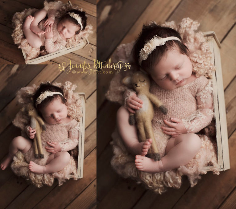 vintage styling, newborn photography, baby photos, baby girl, baby in a drawer, felted deer