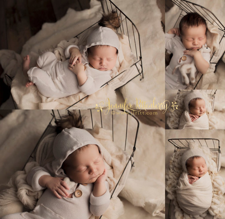 newborn photography, antique bed, neutrals, baby boy, iron bed, relaxed posing