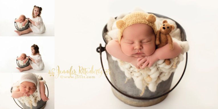 newborn photography, baby boy, neutrals, baby in a bucket, bucket pose, winnie the pooh newborn photography, sibling poses