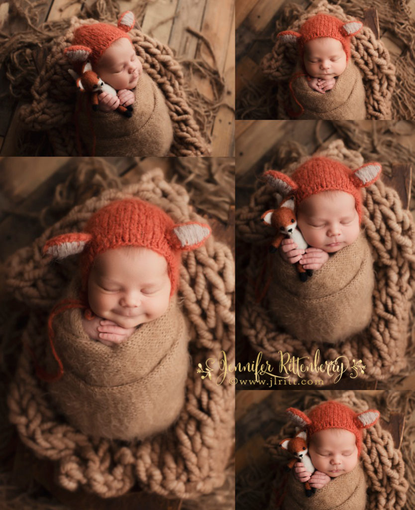 newborn photography, wrapped poses, fox hat, felted fox, chunky knits, baby boy