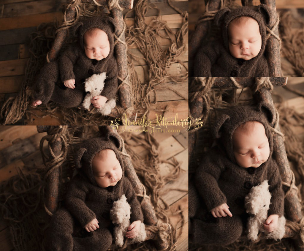 newborn photography, teddy bear romper, baby boy, posed newborn photography, rustic newborn props, prop shots