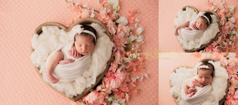 newborn girl, prop shot, baby in a bucket, peach newborn setup