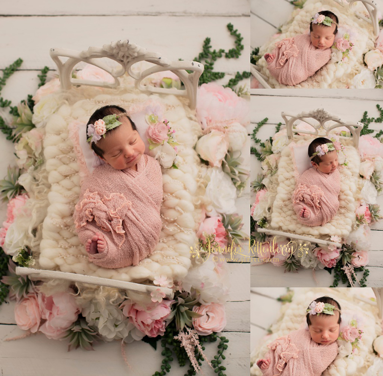 newborn girl, baby girl, newborn prop shots, bed prop, flower setup, succulents