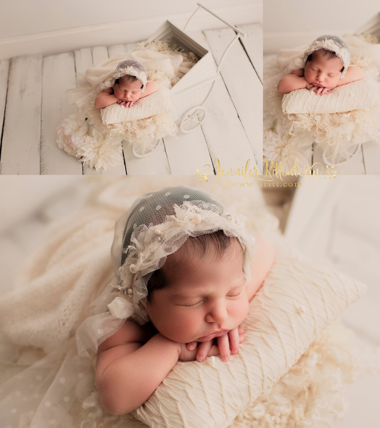 white pram, newborn girl, newborn prop shots, cream newborn setups