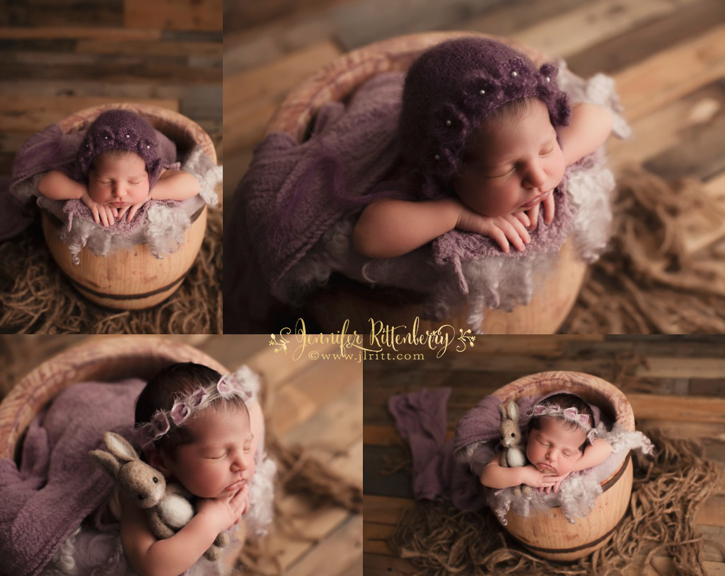 newborn girl, prop shot, baby in a bucket, purple newborn setup